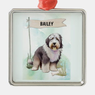 Ornement Carré Argenté Chien de berger anglais ancien Aquarelle Chien per