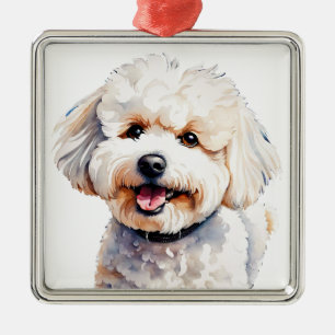 ORNEMENT CARRÉ ARGENTÉ CHIEN DE CHIOT BICHON FRISE BLANC MIGNON FRISÉ