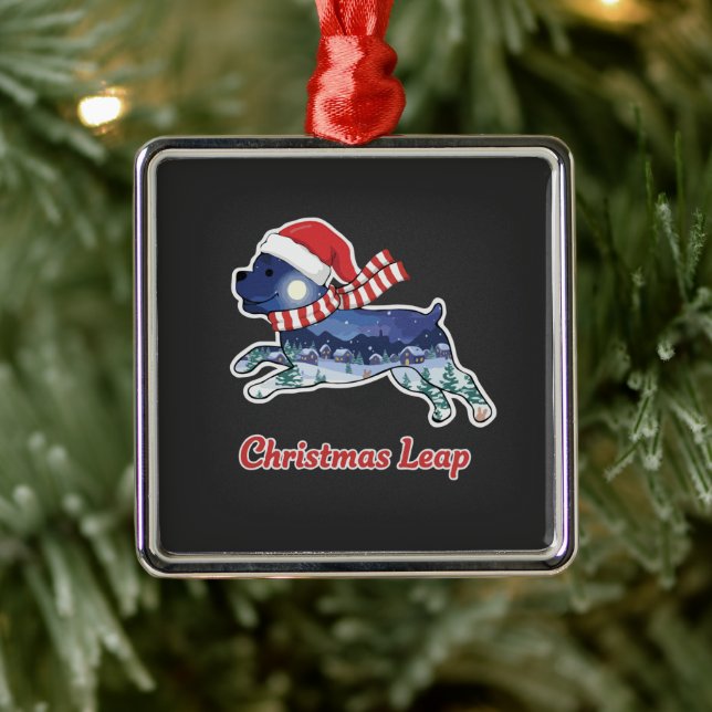 Ornement Carré Argenté Chien de Noël Festif | Cute Puppy Père Noël (Arbre)