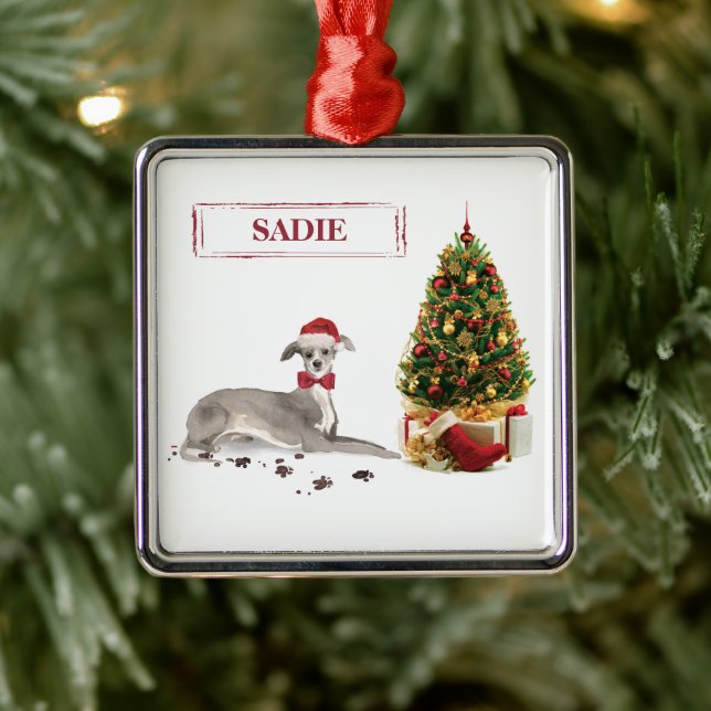 Ornement Carré Argenté Chien de Noël italien Greyhound avec arbre (Arbre)