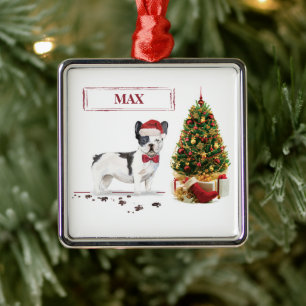 Ornement Carré Argenté Chien de Noël Noir et Blanc