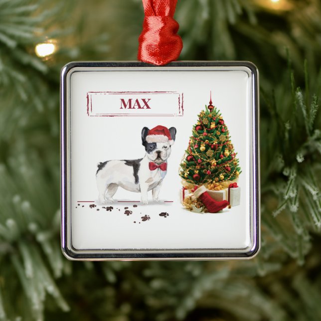 Ornement Carré Argenté Chien de Noël Noir et Blanc (Arbre)