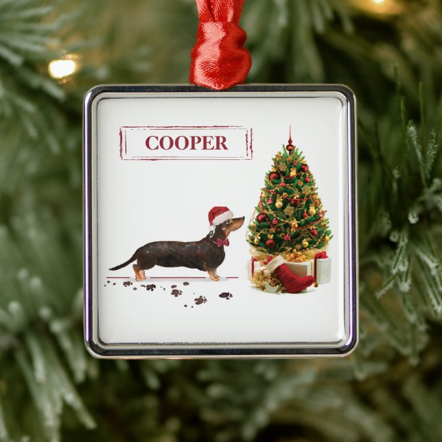 Ornement Carré Argenté Chien de Noël noir et Tan Dachshund drôle (Arbre)