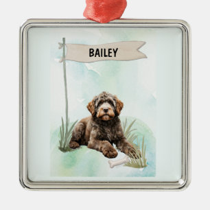 Ornement Carré Argenté Chien d'eau portugais Aquarelle Chien personnalisé