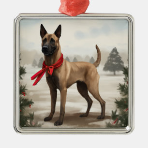 Ornement Carré Argenté Chien Malinois Belge dans la neige de Noël