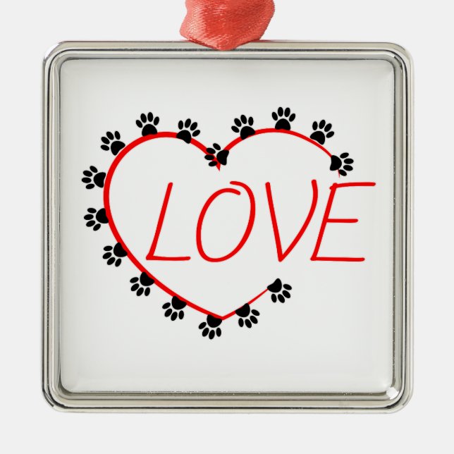 Ornement Carré Argenté Chien Paws Red Heart Love (Devant)