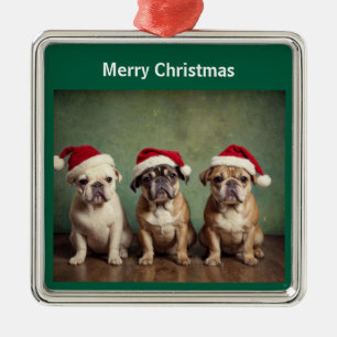 Ornement Carré Argenté Chiens de Noël joyeux