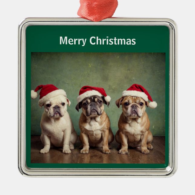 Ornement Carré Argenté Chiens de Noël joyeux (Devant)