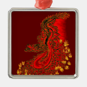 Ornement Carré Argenté Chine Dragon rouge et or design