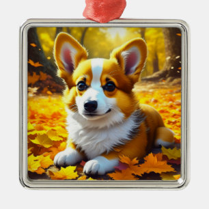 Ornement Carré Argenté Chiot Corgi Jouant dans les Feuilles d'Automne