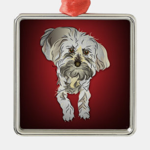 Ornement Carré Argenté Chiot de Maltipoo en rouge