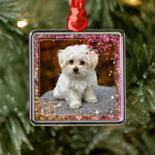 Ornement Carré Argenté Chiot de Noël maltais
