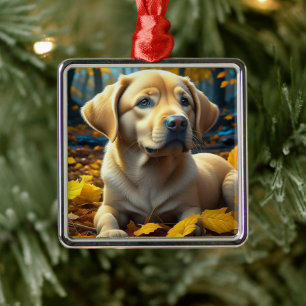 Ornement Carré Argenté Chiot jouant dans les feuilles d'automne  