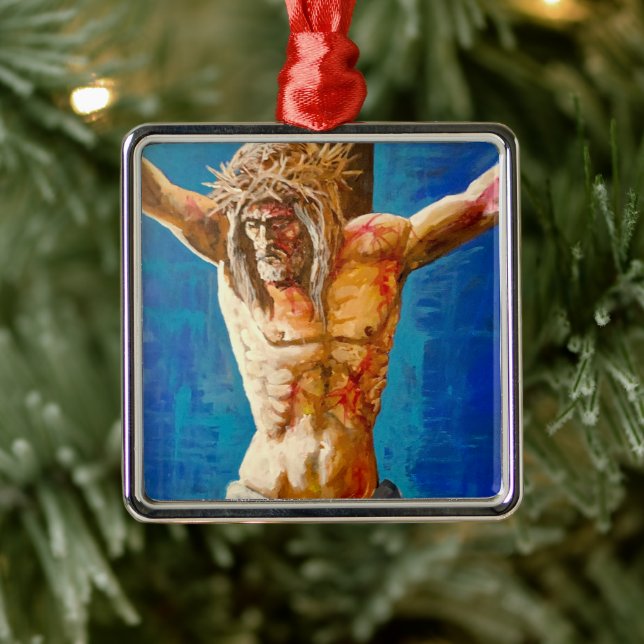 Ornement Carré Argenté Christ Jesus  (Arbre)