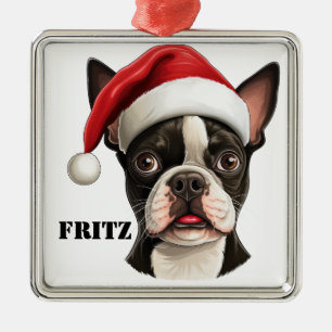 ORNEMENT CARRÉ ARGENTÉ CHRISTMAS BOSTON TERRIER CHIEN AVEC SANTA HAT