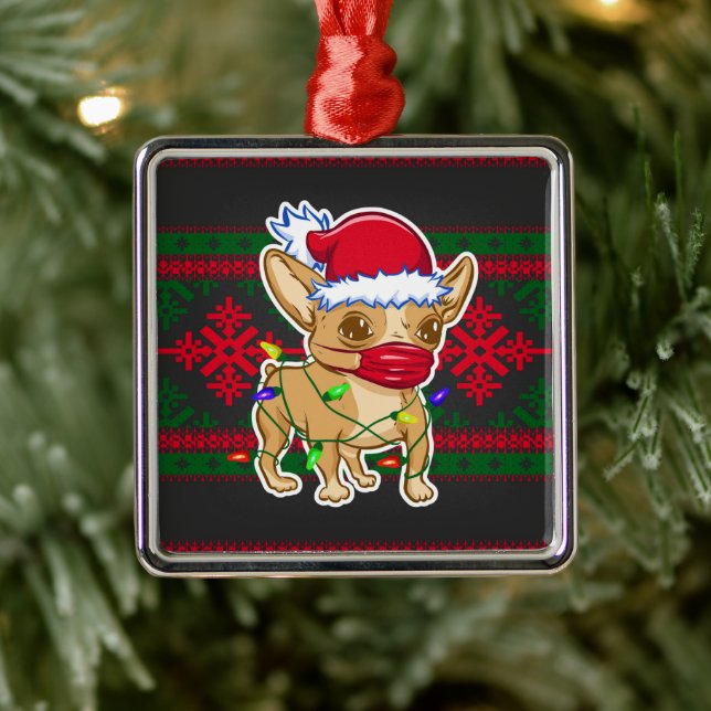 Ornement Carré Argenté Christmas chihuahua wearing a medical mask (Arbre)