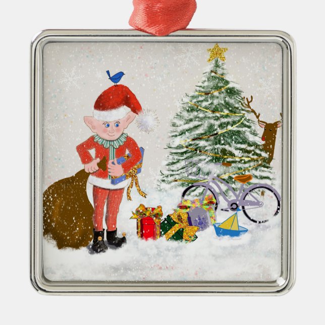 Ornement Carré Argenté Christmas Elf Ornament (Devant)