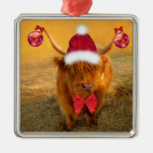 Ornement Carré Argenté Christmas Fun Scottish Highland Steer