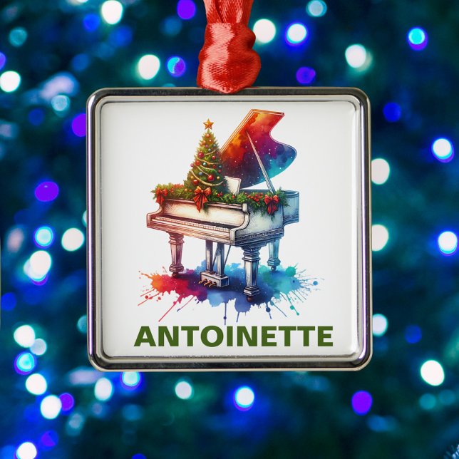Ornement Carré Argenté Christmas Grand Piano Custom Name (Créateur téléchargé)