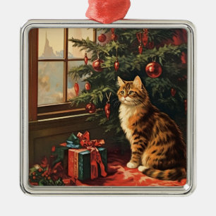 Ornement Carré Argenté Christmas Kitty à la fenêtre