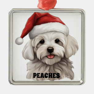 ORNEMENT CARRÉ ARGENTÉ CHRISTMAS MALTESE CHIEN AVEC SANTA HAT