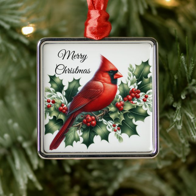 Ornement Carré Argenté Christmas Red Cardinal and Holly  (Arbre)