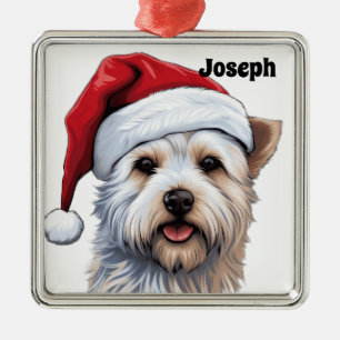 ORNEMENT CARRÉ ARGENTÉ CHRISTMAS WEST HIGHLAND CHIEN BLANC AVEC SANTA HAT