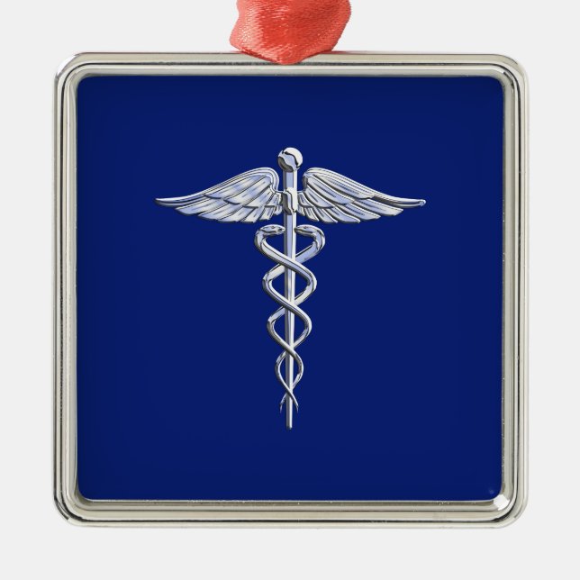 Ornement Carré Argenté Chrome Style Caduceus Symbole Médicale sur bleu ma (Devant)