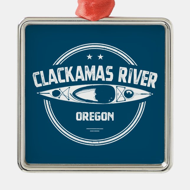 Ornement Carré Argenté Clackamas River Oregon Kayak (Devant)