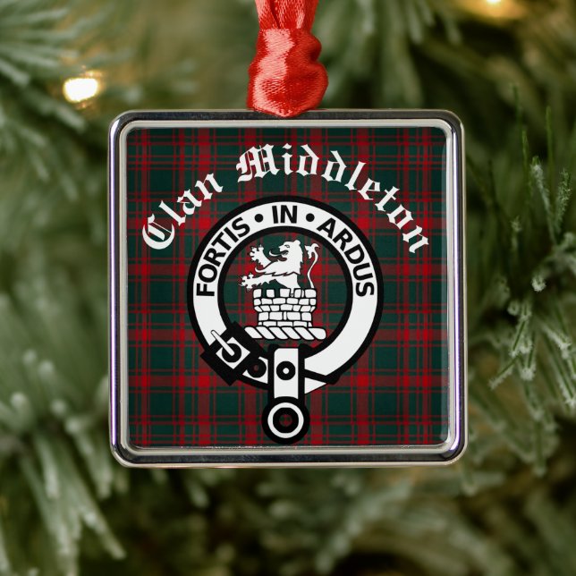 Ornement Carré Argenté Clan Middleton Crest Badge et Tartan (Arbre)