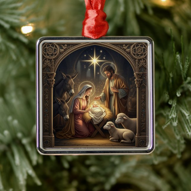 Ornement Carré Argenté Classic Nativity Scene Christmas (Arbre)