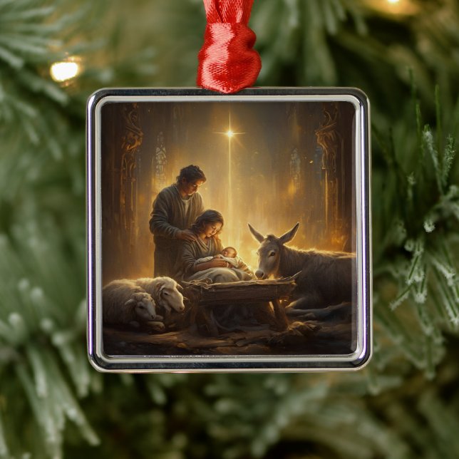 Ornement Carré Argenté Classic Nativity Scene Christmas (Arbre)