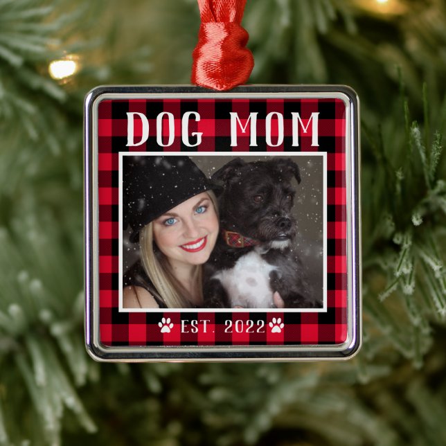 Ornement Carré Argenté Classic Red Plaid Personnalisé Chien Maman Photo (Arbre)