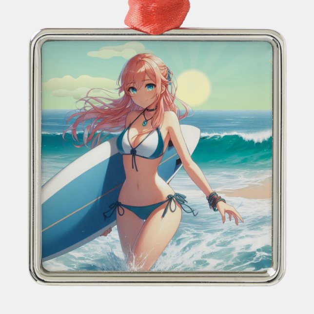 Ornement Carré Argenté Coastal/Nautical/tropical anime surfer girl (Devant)