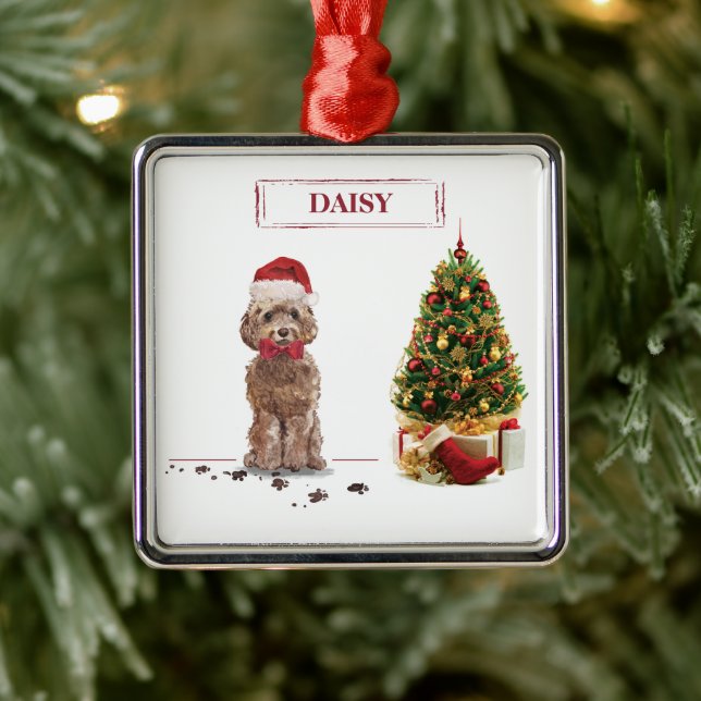 Ornement Carré Argenté Cockapo Brown Funny Chien de Noël et Arbre (Arbre)