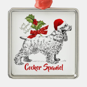 Ornement Carré Argenté Cocker Spaniel avec bonnet de Père Noël et houx de