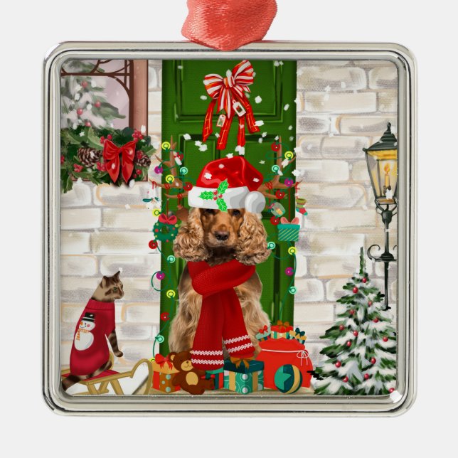 Ornement Carré Argenté Cocker Spaniel Chien Noël Ceramic Ball Christe (Devant)