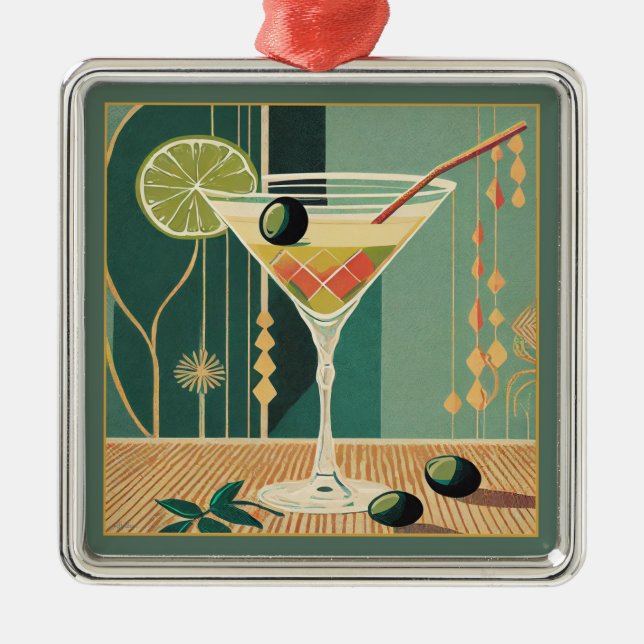 Ornement Carré Argenté Cocktail Heure Martini Conception du milieu du siè (Devant)