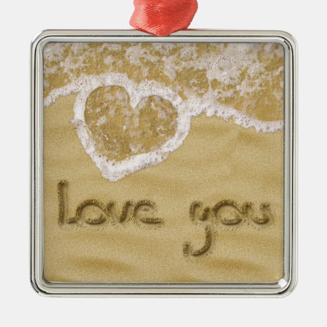 Ornement Carré Argenté Coeur "Love you" écrit dans Sable (Devant)