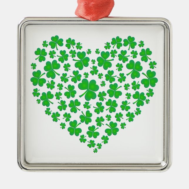 Ornement Carré Argenté Coeur vert irlandais de shamrock (Devant)