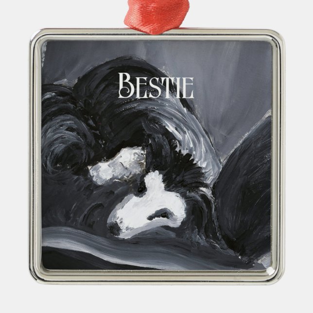 Ornement Carré Argenté Collie Bordure Possédant Peinture personnalisée (Devant)