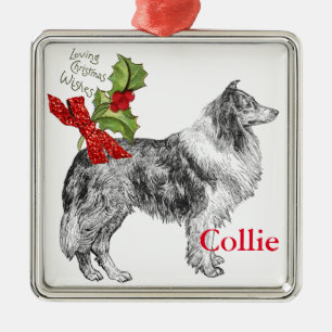 Ornement Carré Argenté Collie Vintage Personnalisez-le 'Paillettes' Noeud