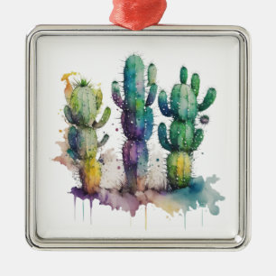 Ornement Carré Argenté Conception de cactus avec plaques colorées