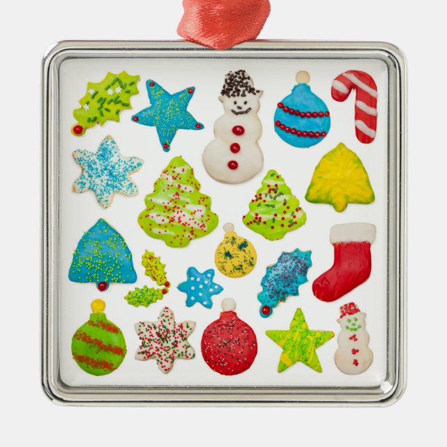 Ornement Carré Argenté Cookies de Noël (Devant)
