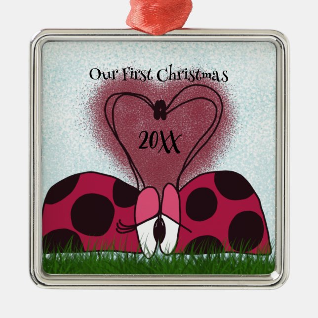 Ornement Carré Argenté Couple de Ladybug mignon (Devant)