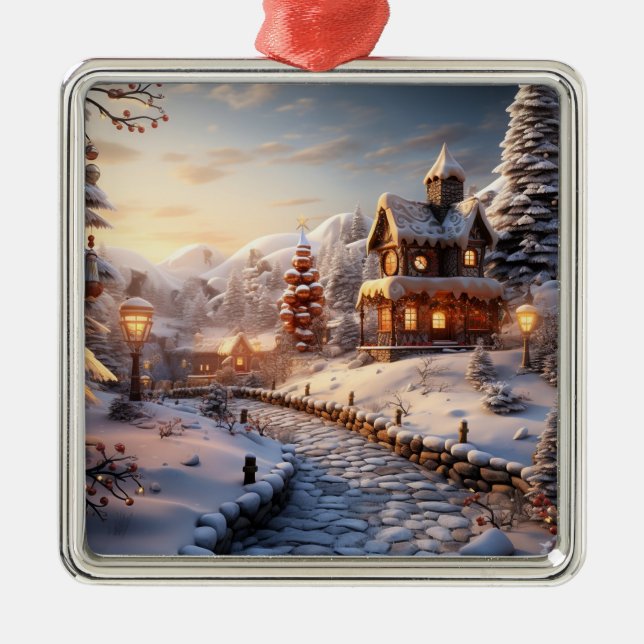 Ornement Carré Argenté Cozy Village at Christmas illustration (Devant)
