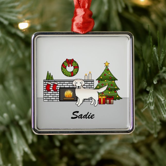 Ornement Carré Argenté Cream Golden Retriever In Festive Room & Name (Arbre)
