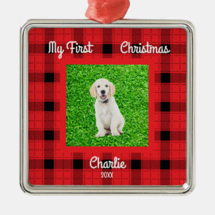 Ornement Carré Argenté Créez votre propre chien Photos 1er Noël