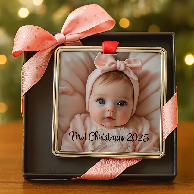 Ornement Carré Argenté Custom Baby’s First Christmas Ornament (Créateur téléchargé)