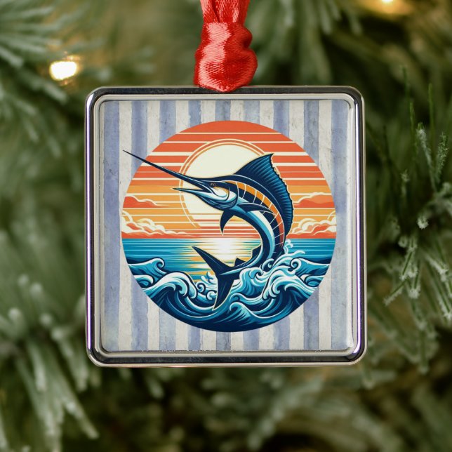 Ornement Carré Argenté Custom Coastal/nautical/beach marlin sunset (Arbre)